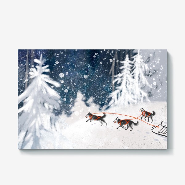 Холст «Нарисованная вручную зимняя иллюстрация с ездовыми собаками хаски в снежном лесу»