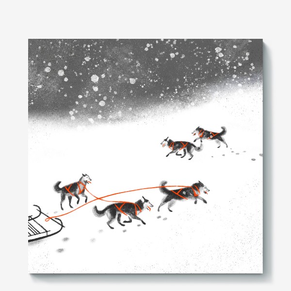 Холст «Нарисованная вручную зимняя иллюстрация с ездовыми собаками хаски на снегу»