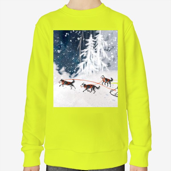 Свитшот «Нарисованная вручную зимняя иллюстрация с ездовыми собаками хаски в снежном лесу»
