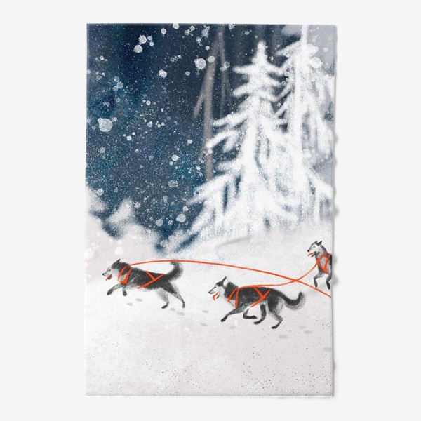 Полотенце «Нарисованная вручную зимняя иллюстрация с ездовыми собаками хаски в снежном лесу»