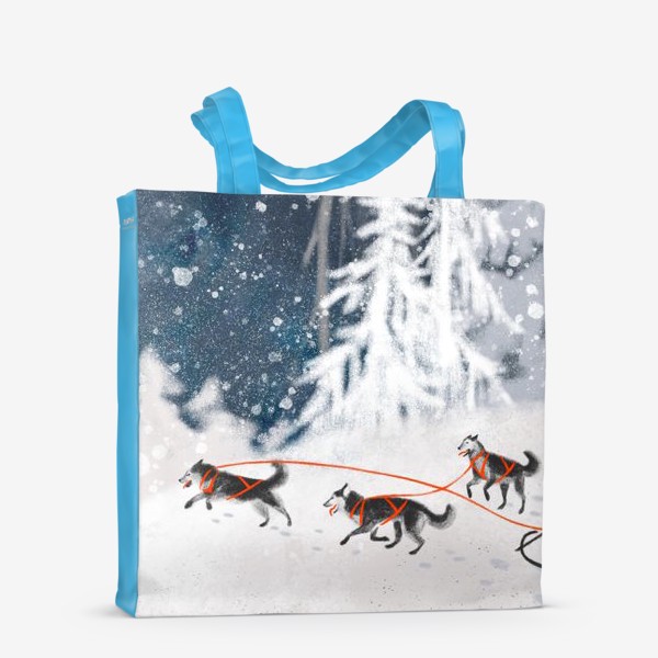 Сумка-шоппер «Нарисованная вручную зимняя иллюстрация с ездовыми собаками хаски в снежном лесу»