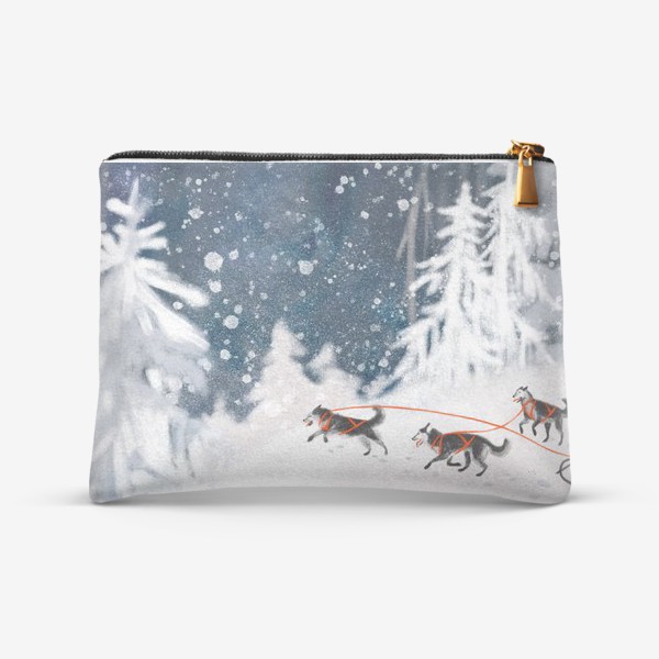 Косметичка «Нарисованная вручную зимняя иллюстрация с ездовыми собаками хаски в снежном лесу»