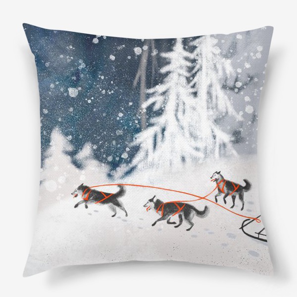 Подушка «Нарисованная вручную зимняя иллюстрация с ездовыми собаками хаски в снежном лесу»