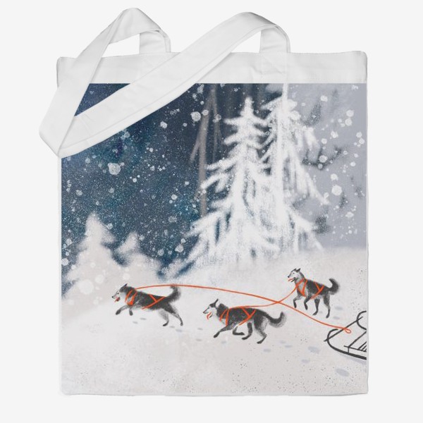 Сумка хб «Нарисованная вручную зимняя иллюстрация с ездовыми собаками хаски в снежном лесу»