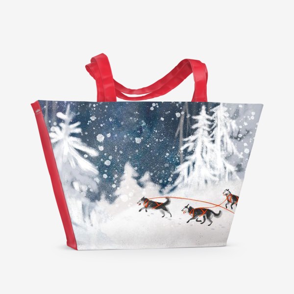 Пляжная сумка «Нарисованная вручную зимняя иллюстрация с ездовыми собаками хаски в снежном лесу»