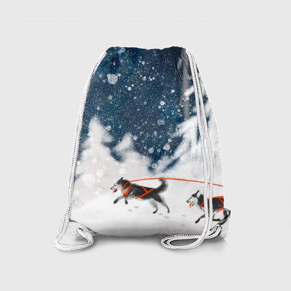 Рюкзак «Нарисованная вручную зимняя иллюстрация с ездовыми собаками хаски в снежном лесу»
