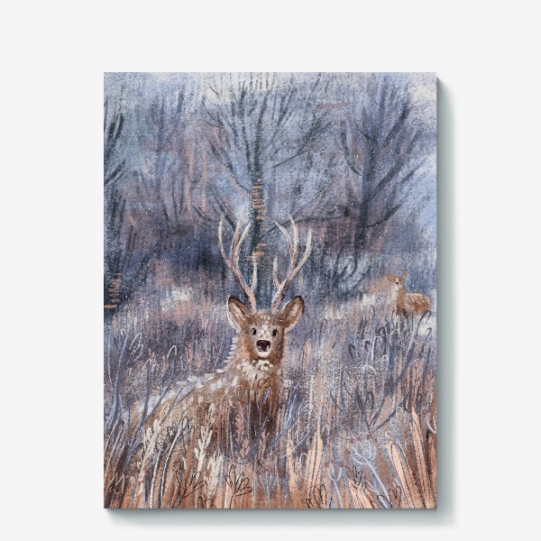 Холст «Красивый пастельный принт с оленями в траве, иллюстрация нежных тонов с текстурами»