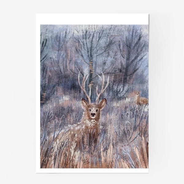 Постер «Красивый пастельный принт с оленями в траве, иллюстрация нежных тонов с текстурами»