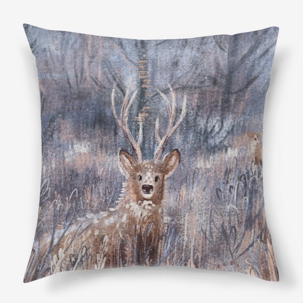 Подушка «Красивый пастельный принт с оленями в траве, иллюстрация нежных тонов с текстурами»