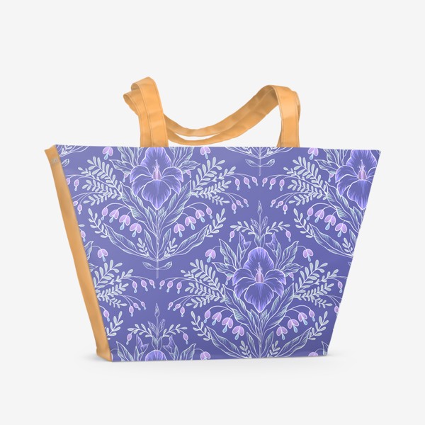 Пляжная сумка «Стилизованый фиолетовый гладиолус на темном. Бесшовный паттерн»