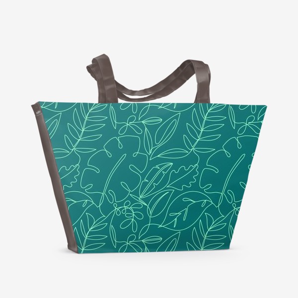 Пляжная сумка «Листья одной линией. Зеленый паттерн. Растения»