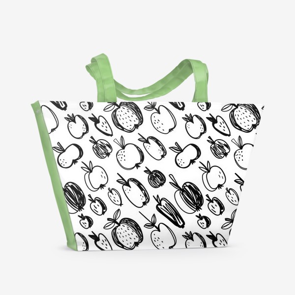 Пляжная сумка «Яблоки. Фруктовый паттерн. Черно-белый рисунок»