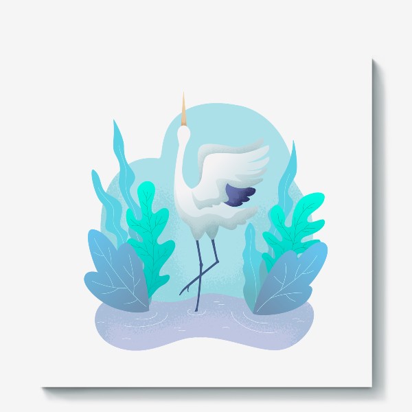 Холст «Белоголовый журавль танцует на озере»