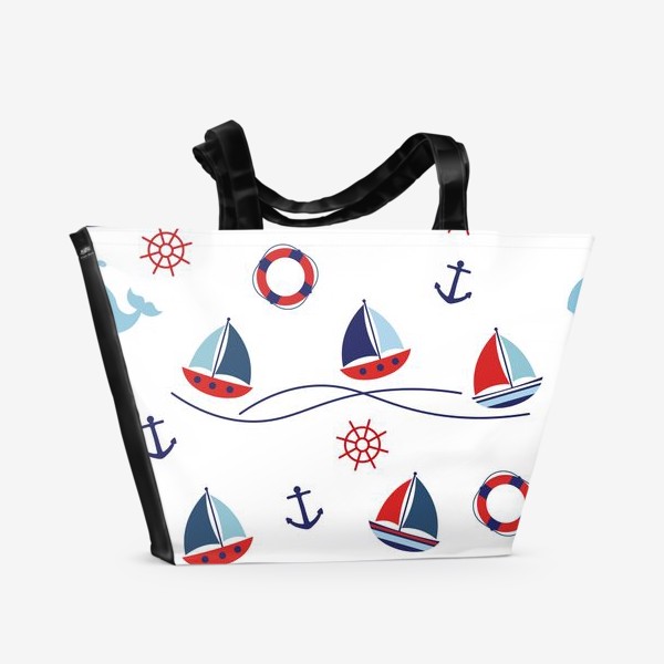 Пляжная сумка «Кораблики.Бесшовный принт с корабликами,китами и волнами.Корабли.»