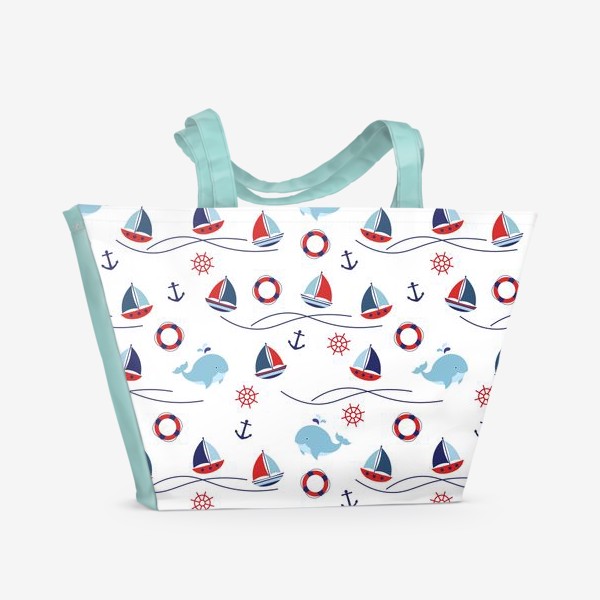 Пляжная сумка «Кораблики.Бесшовный принт с корабликами,китами и волнами.»
