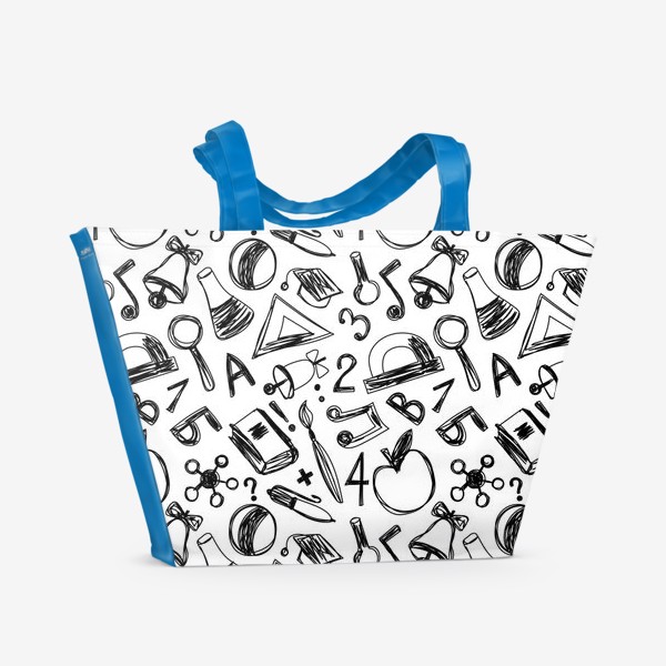 Пляжная сумка «Черно-белый паттерн. Школьные принадлежности»