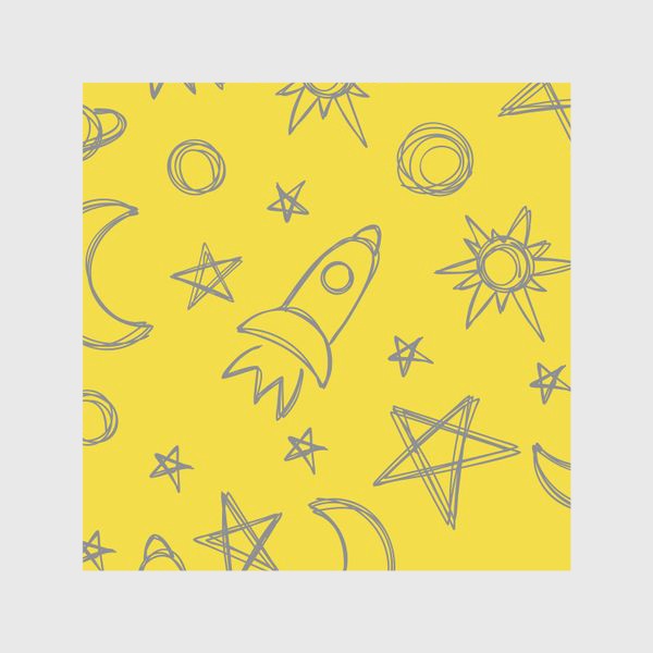 Шторы «Космический паттерн. Луна, ракета, звезды на желтом фоне»