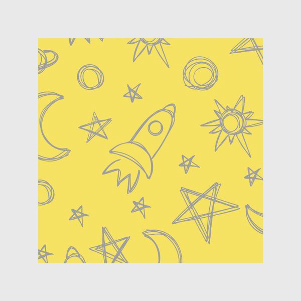 Скатерть «Космический паттерн. Луна, ракета, звезды на желтом фоне»