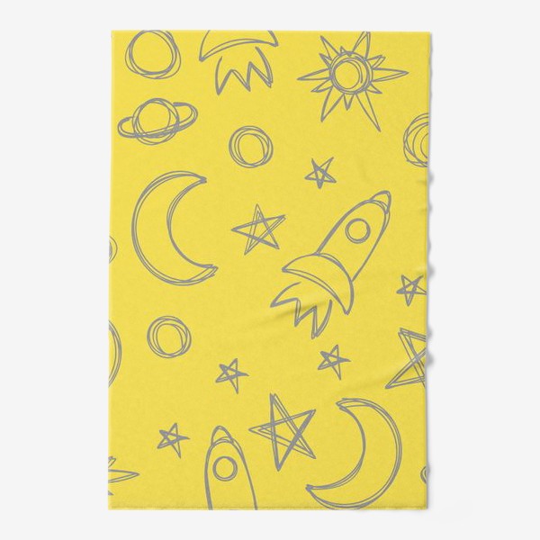 Полотенце «Космический паттерн. Луна, ракета, звезды на желтом фоне»