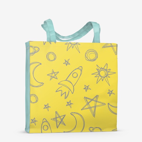 Сумка-шоппер «Космический паттерн. Луна, ракета, звезды на желтом фоне»