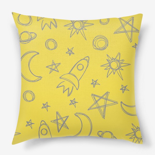 Подушка «Космический паттерн. Луна, ракета, звезды на желтом фоне»