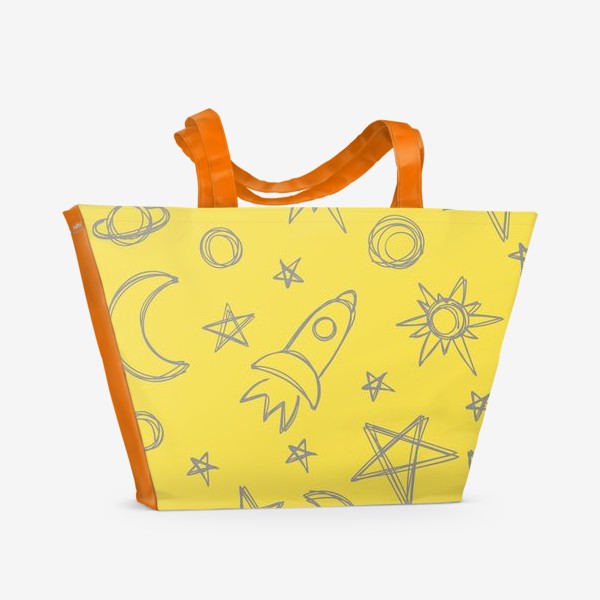 Пляжная сумка &laquo;Космический паттерн. Луна, ракета, звезды на желтом фоне&raquo;