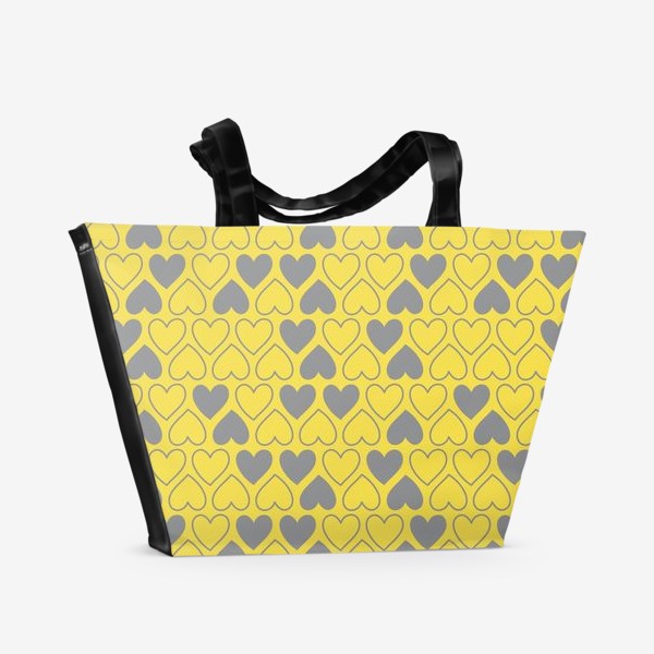 Пляжная сумка «Сердечки. Романтический желто-серый паттерн. Любовь. »