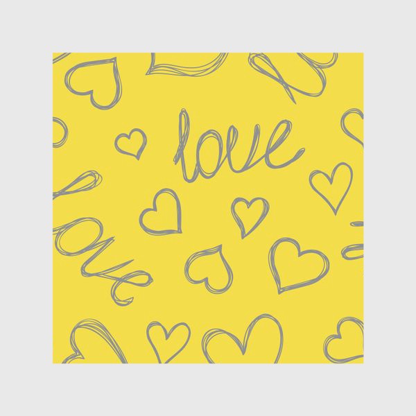 Шторы «Сердечки и надписи. Романтический желто-серый паттерн. Любовь. »