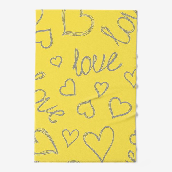 Полотенце «Сердечки и надписи. Романтический желто-серый паттерн. Любовь. »