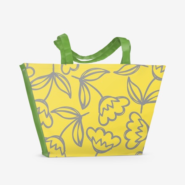Пляжная сумка «Цветочный паттерн. Серые цветы на желтом фоне»