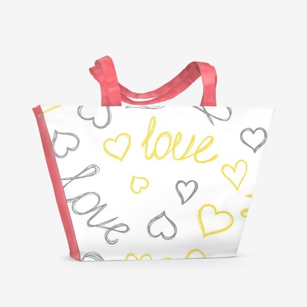 Пляжная сумка «Сердечки и надписи. Романтический желто-серый паттерн. Любовь. »