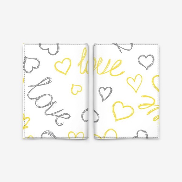 Обложка для паспорта «Сердечки и надписи. Романтический желто-серый паттерн. Любовь. »