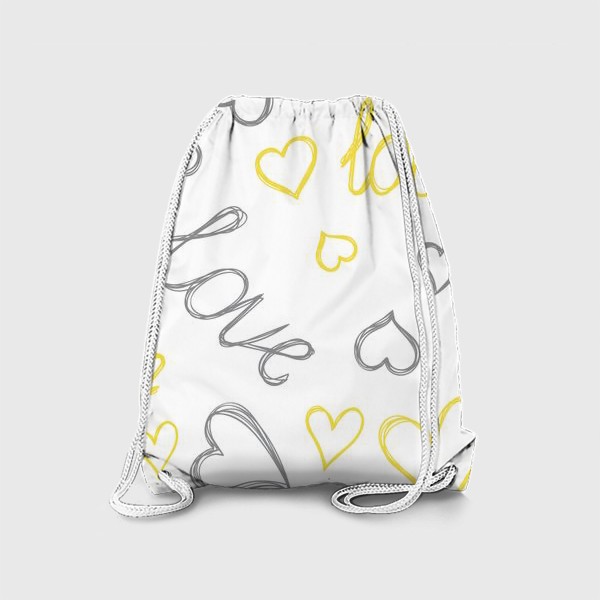 Рюкзак «Сердечки и надписи. Романтический желто-серый паттерн. Любовь. »