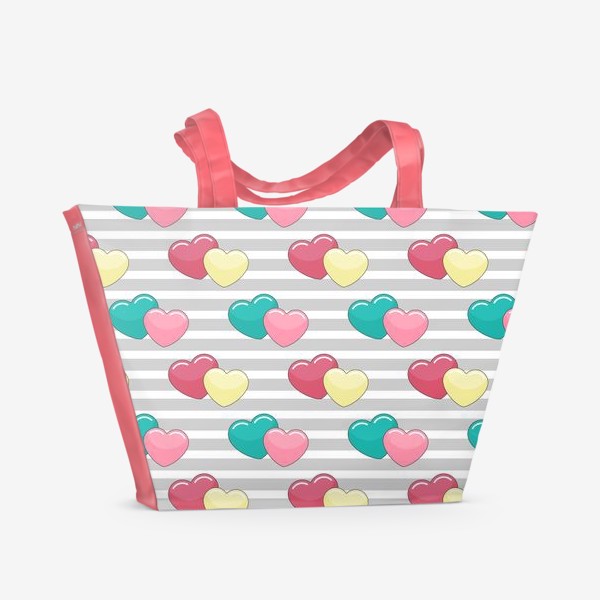 Пляжная сумка «Разноцветные сердца на полосатом фоне»