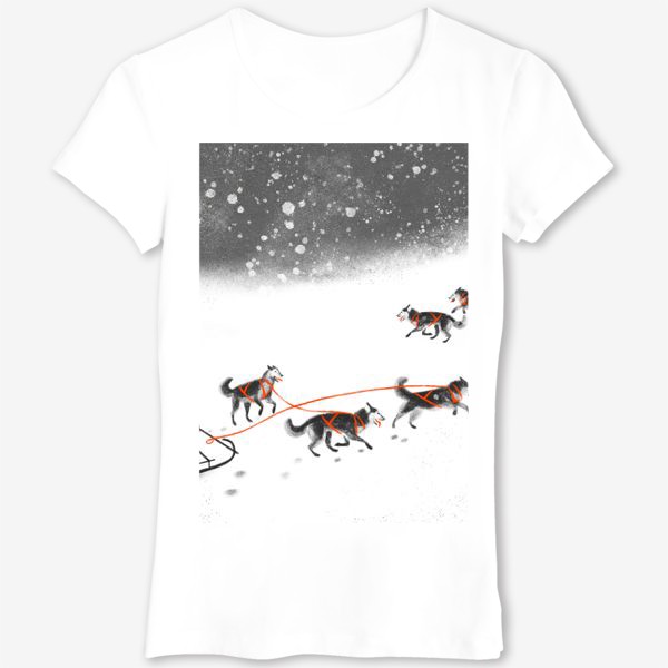 Футболка &laquo;Нарисованная вручную зимняя иллюстрация с ездовыми собаками хаски на снегу&raquo;