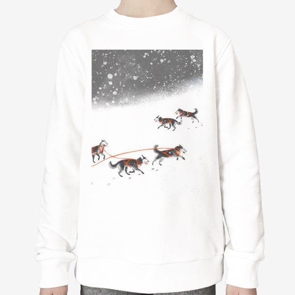 Свитшот «Нарисованная вручную зимняя иллюстрация с ездовыми собаками хаски на снегу»