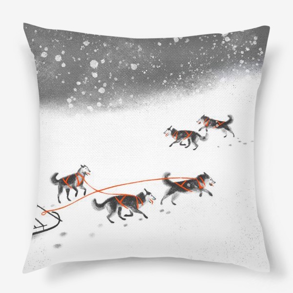 Подушка «Нарисованная вручную зимняя иллюстрация с ездовыми собаками хаски на снегу»