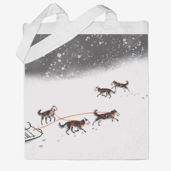 Сумка хб «Нарисованная вручную зимняя иллюстрация с ездовыми собаками хаски на снегу»