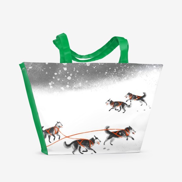 Пляжная сумка «Нарисованная вручную зимняя иллюстрация с ездовыми собаками хаски на снегу»