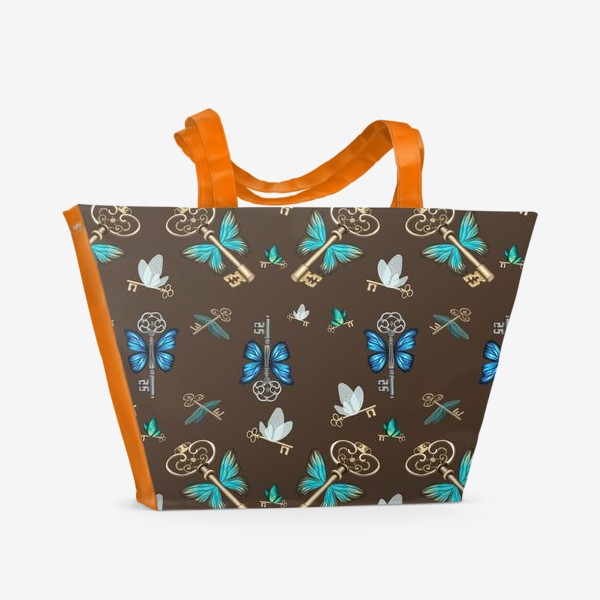 Пляжная сумка «Паттерн ключи с крыльями на коричневом фоне»