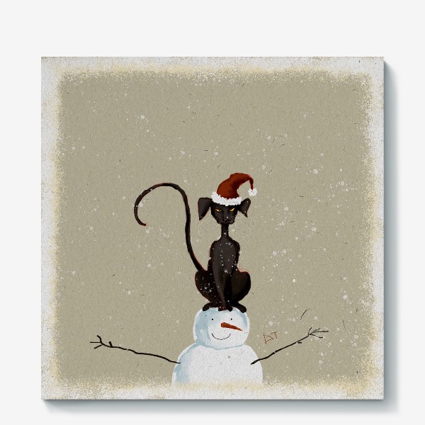Холст «Кот и снеговик»
