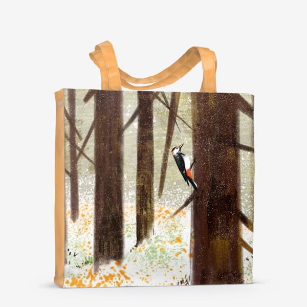 Сумка-шоппер «Нарисованная вручную иллюстрация. Дятел на дереве в лесу, птица»