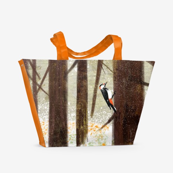 Пляжная сумка «Нарисованная вручную иллюстрация. Дятел на дереве в лесу, птица»