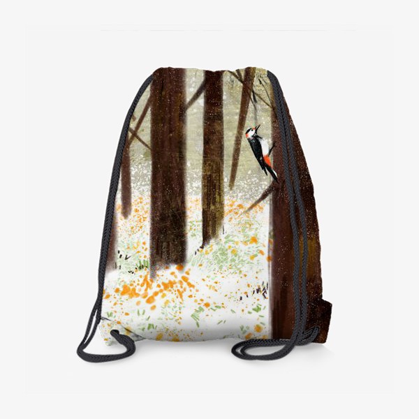 Рюкзак «Нарисованная вручную иллюстрация. Дятел на дереве в лесу, птица»