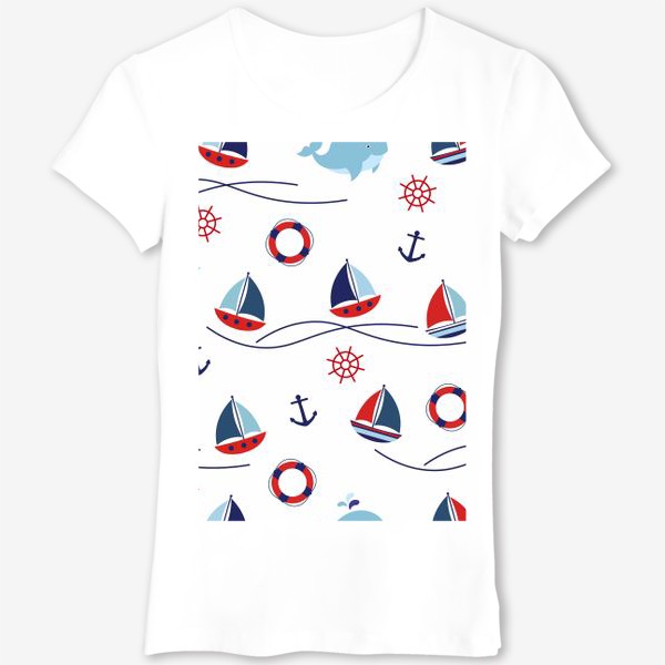 Футболка «Кораблики.Бесшовный принт с корабликами,китами и волнами.Корабли.»