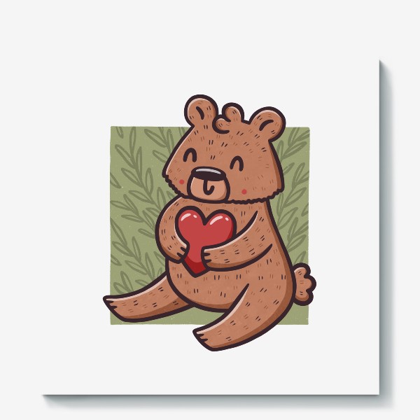 Холст «Милый медведь с сердцем на фоне листьев»