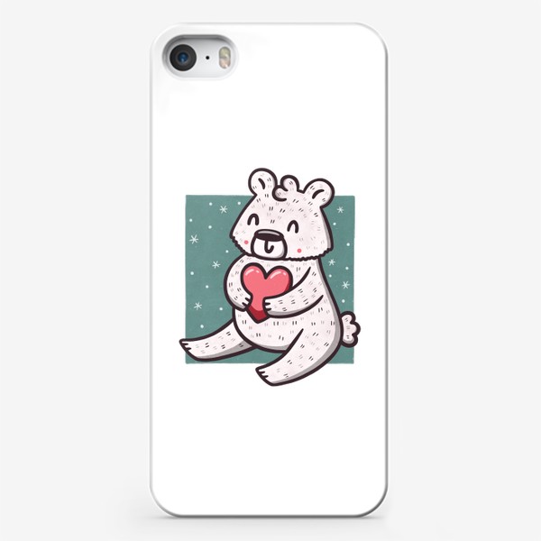 Чехол iPhone «Белый медведь с сердцем. Снежинки»