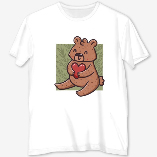 Футболка с полной запечаткой «Милый медведь с сердцем на фоне листьев»