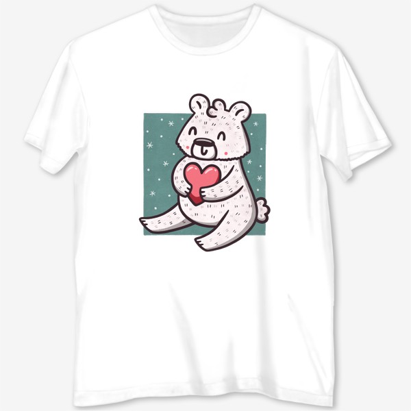 Футболка с полной запечаткой «Белый медведь с сердцем. Снежинки»