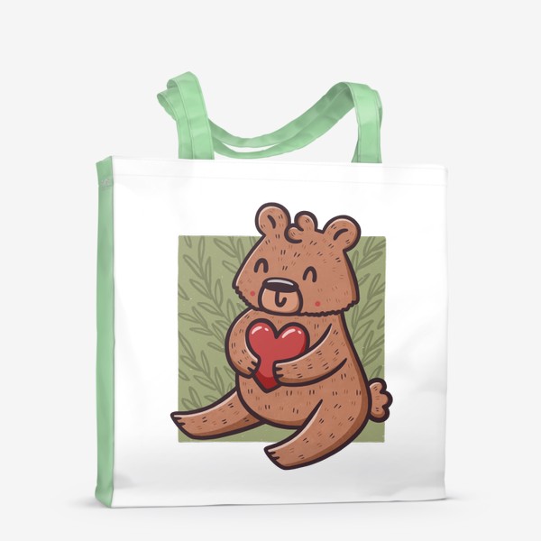 Сумка-шоппер «Милый медведь с сердцем на фоне листьев»